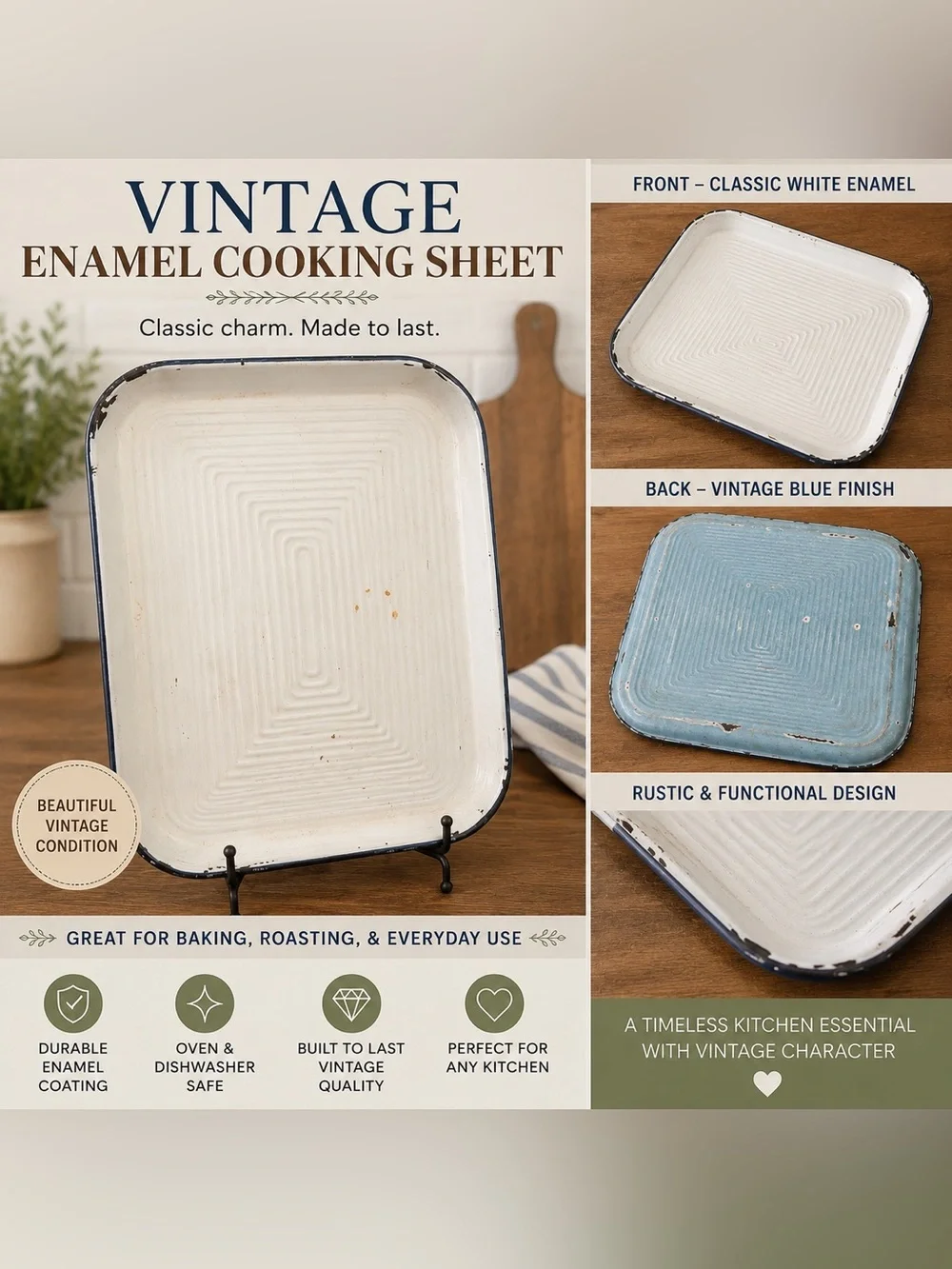 Vintage White and Blue Enamel Baking Sheet / Roasting Pan | Rustic Farmhouse